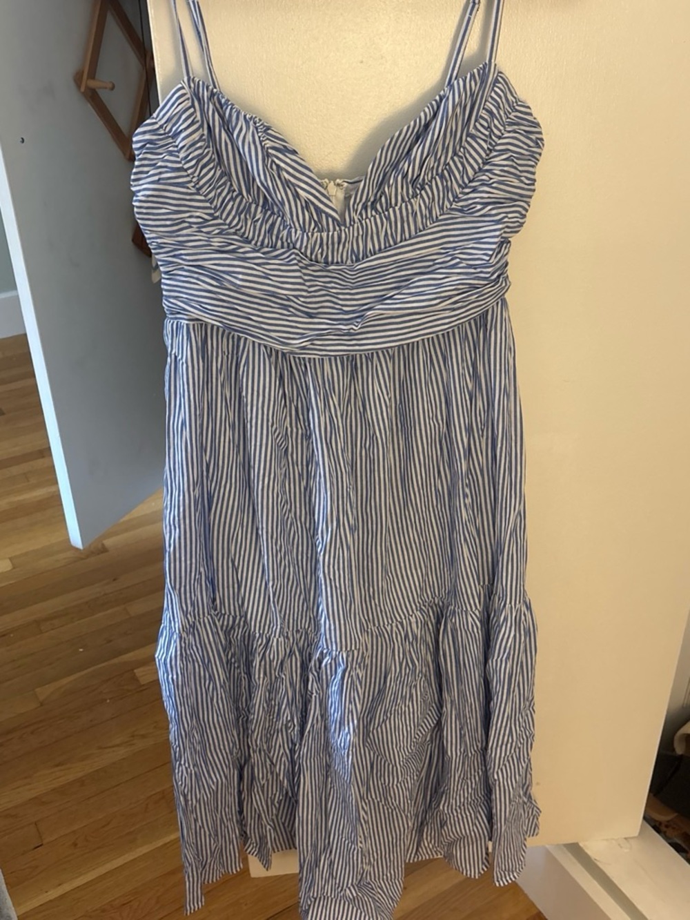 Blue and White Striped Midi Sundress with Spaghetti Straps